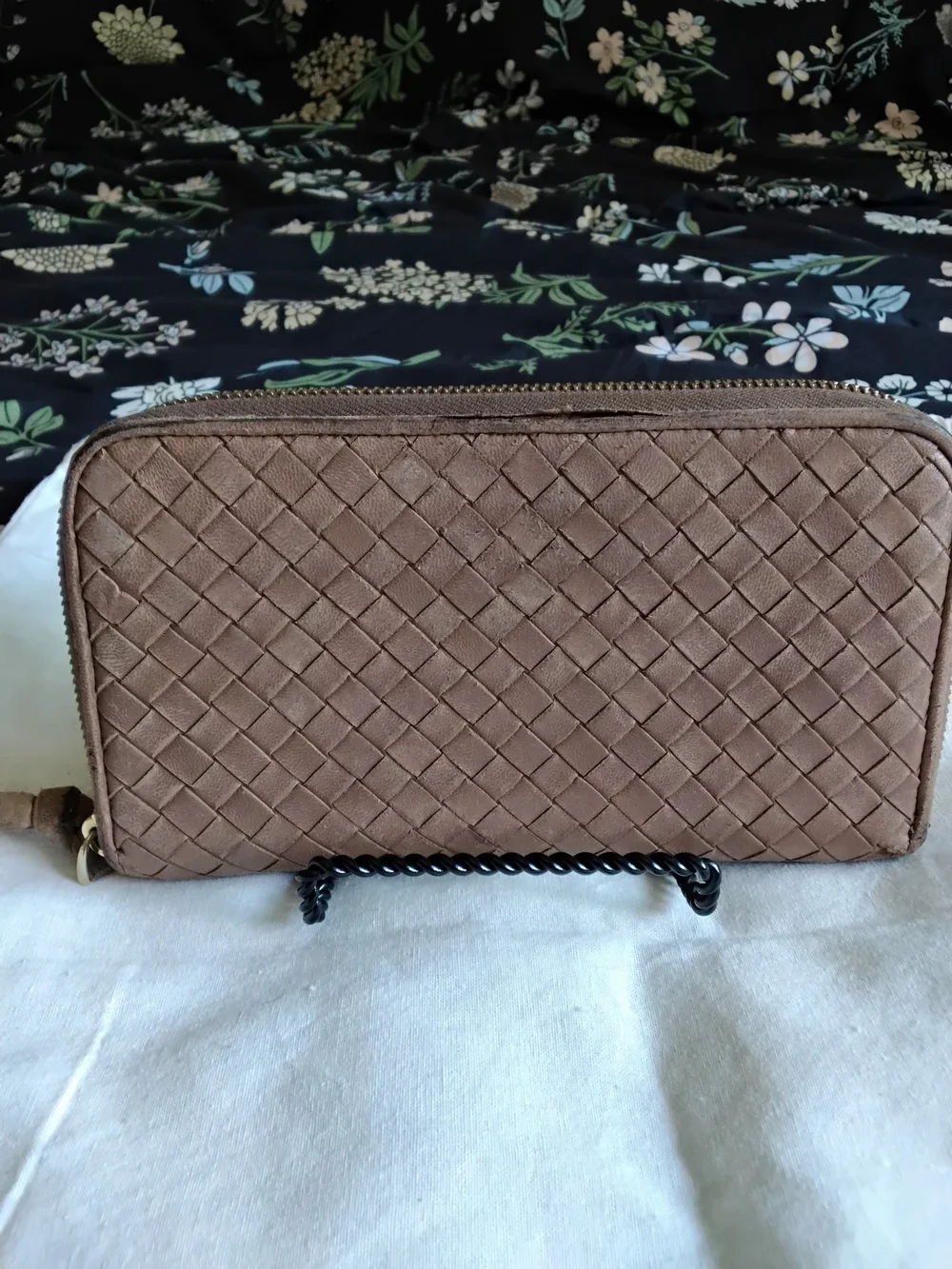 Authentic Bottega Veneta Woven Zip-Around Wallet in Taupe
